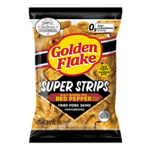 Load image into Gallery viewer, Golden Flake Pork Skins Super Strips -- Red Pepper (3.5oz/3 Bags)
