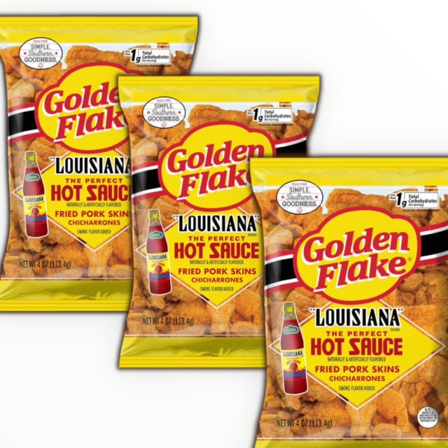 Golden Flake Crispy Pork Skins Chicharrones - Louisiana Hot Sauce (4oz/3 Bags)